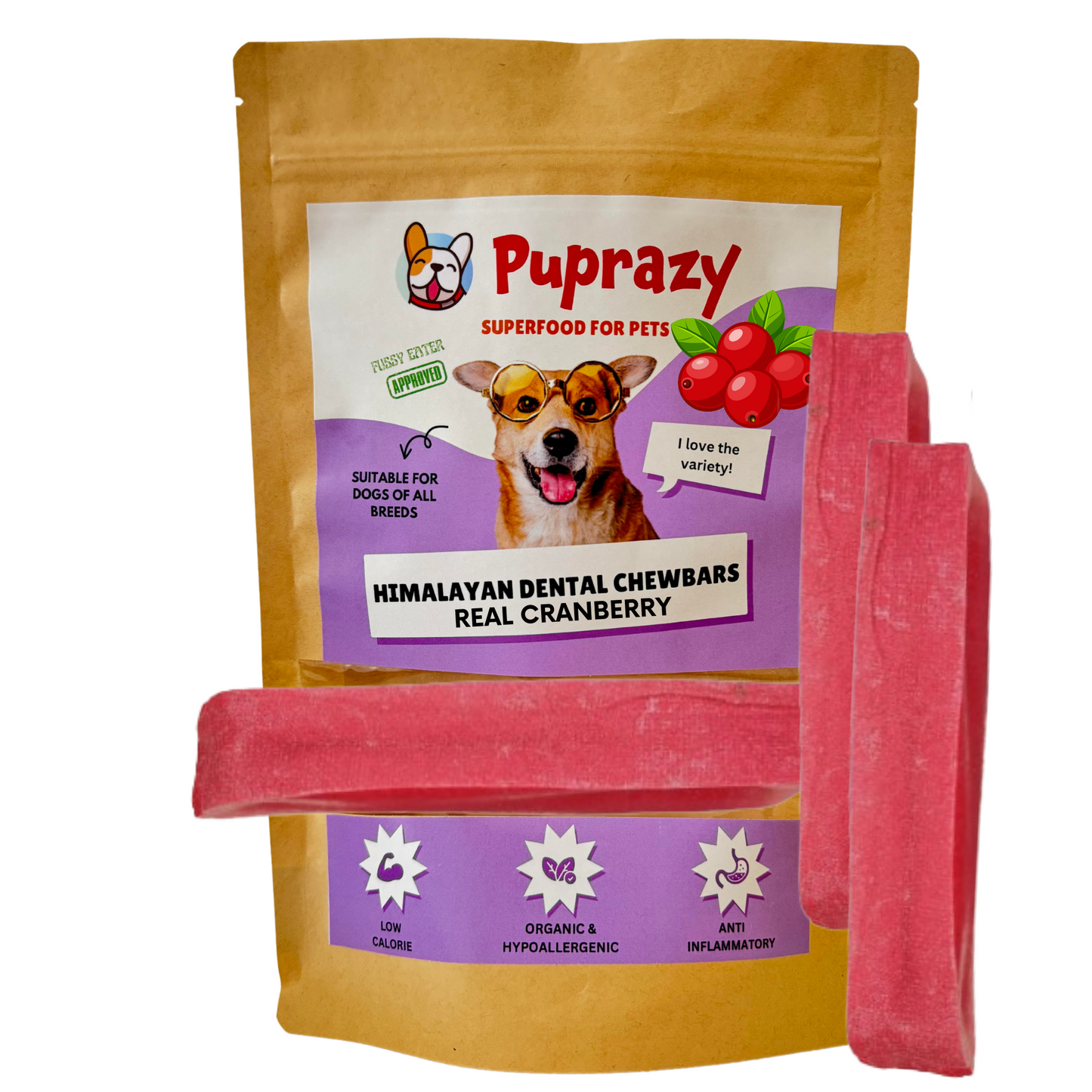 Puprazy Himalayan Dental Chewbars-CRANBERRY FLAVOR, Yak Cheese Dog Treats, Low Calorie, Organic, Summer treat