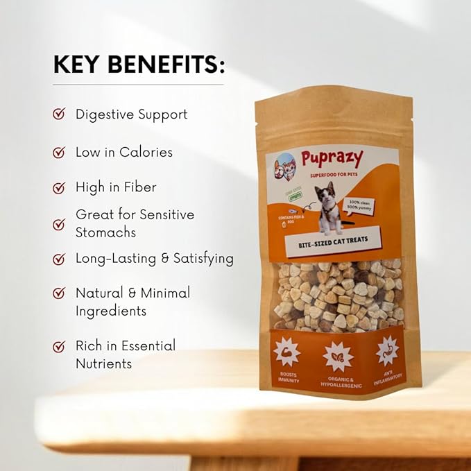 Puprazy Organic Cat Treats, Fish & Egg, Natural Bite-Sized Biscuits, Hypoallergenic, Digestive Support