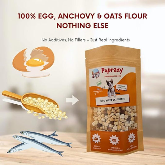 Puprazy Organic Cat Treats, Fish & Egg, Natural Bite-Sized Biscuits, Hypoallergenic, Digestive Support