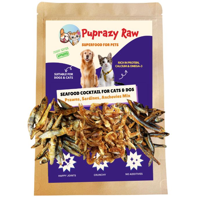 Dehydrated seafood cocktail treats| Dogs, Cats| Prawns, Anchovies, Sardines (70g, All 3)