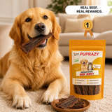 Dog eating Puprazy single ingredient beef jerky treat
