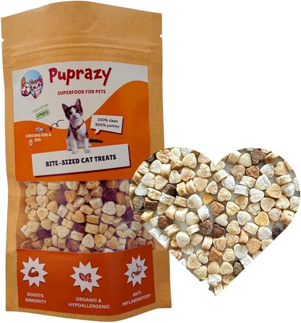 Puprazy Organic Cat Treats, Fish & Egg, Natural Bite-Sized Biscuits, Hypoallergenic, Digestive Support
